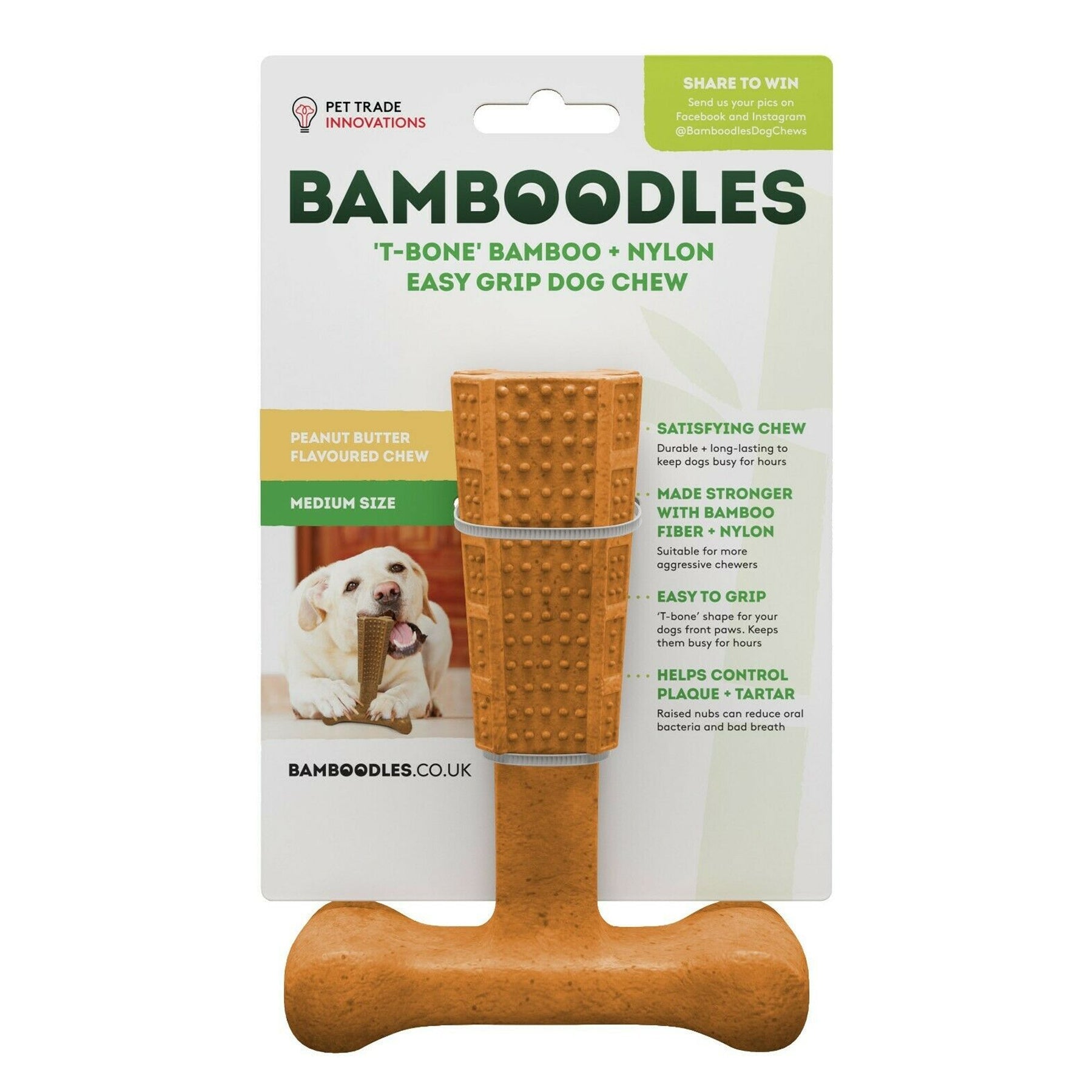 Bamboodles T-Bone Dog Chew Peanut Butter Medium