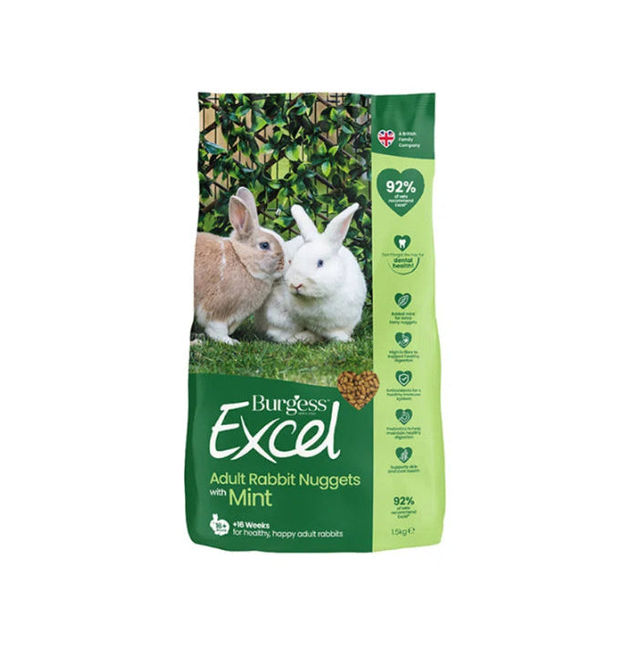 Bag of Burgess Excel Adult Rabbit Nuggets with Mint on a white background