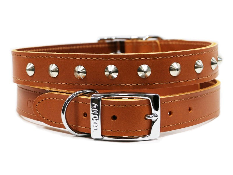 Tan Leather Sewn & Studded Dog Collar
