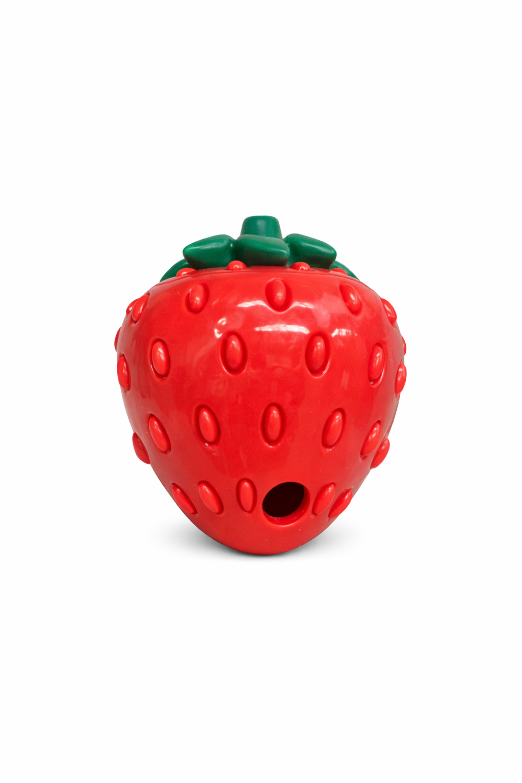 Red strawberry-shaped toy with a green top on a white background