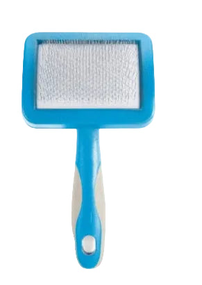 A slicker brush with a blue handle and white bristles, designed for grooming dogs.