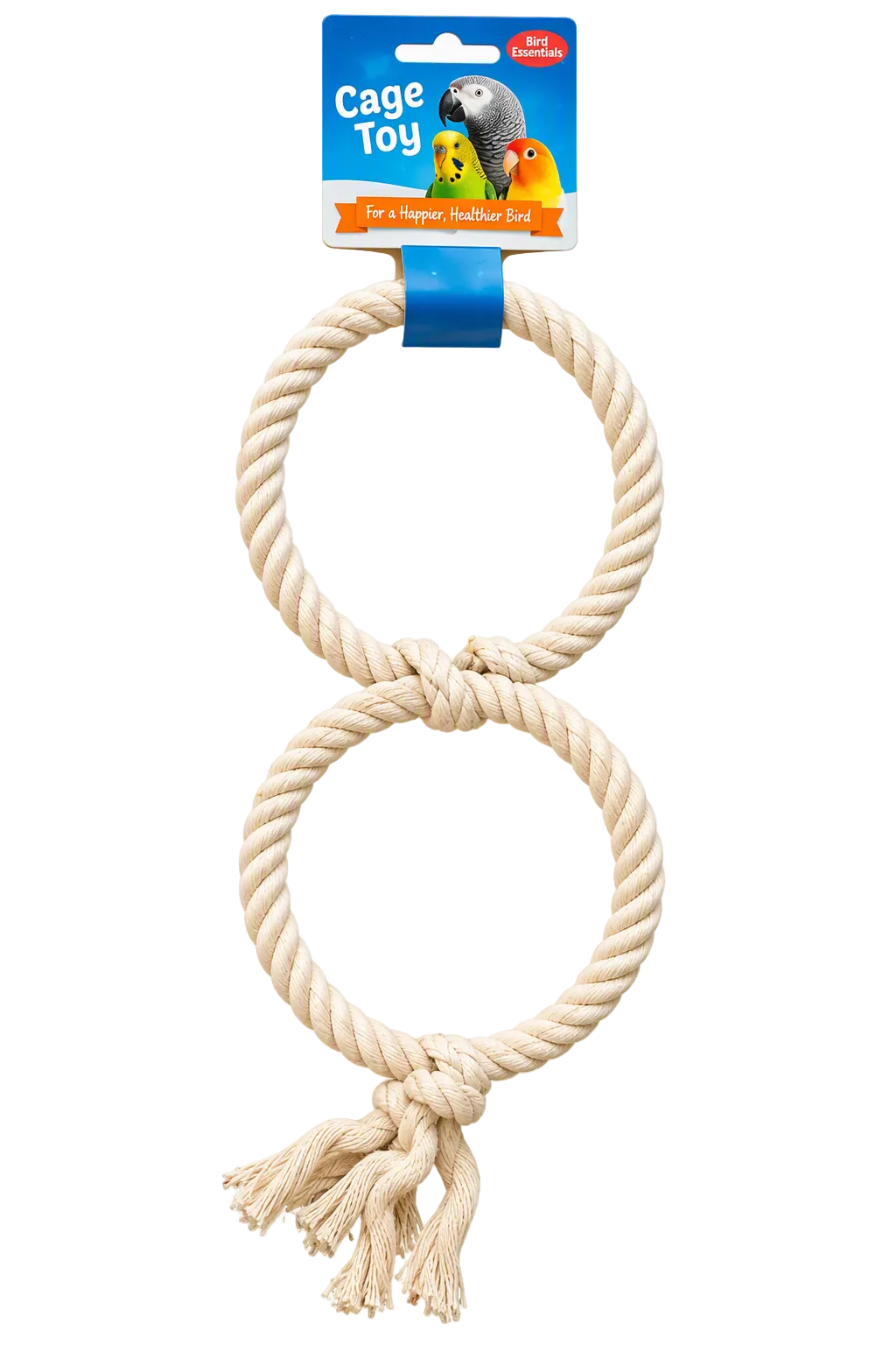 A natural cotton rope cage toy for birds, featuring two interlocking rope rings with a knotted tassel at the bottom, attached to a blue plastic hanger with a printed cardboard header card. The header card features the brand name 'Parrot Planet' and an illustration of a parrot.