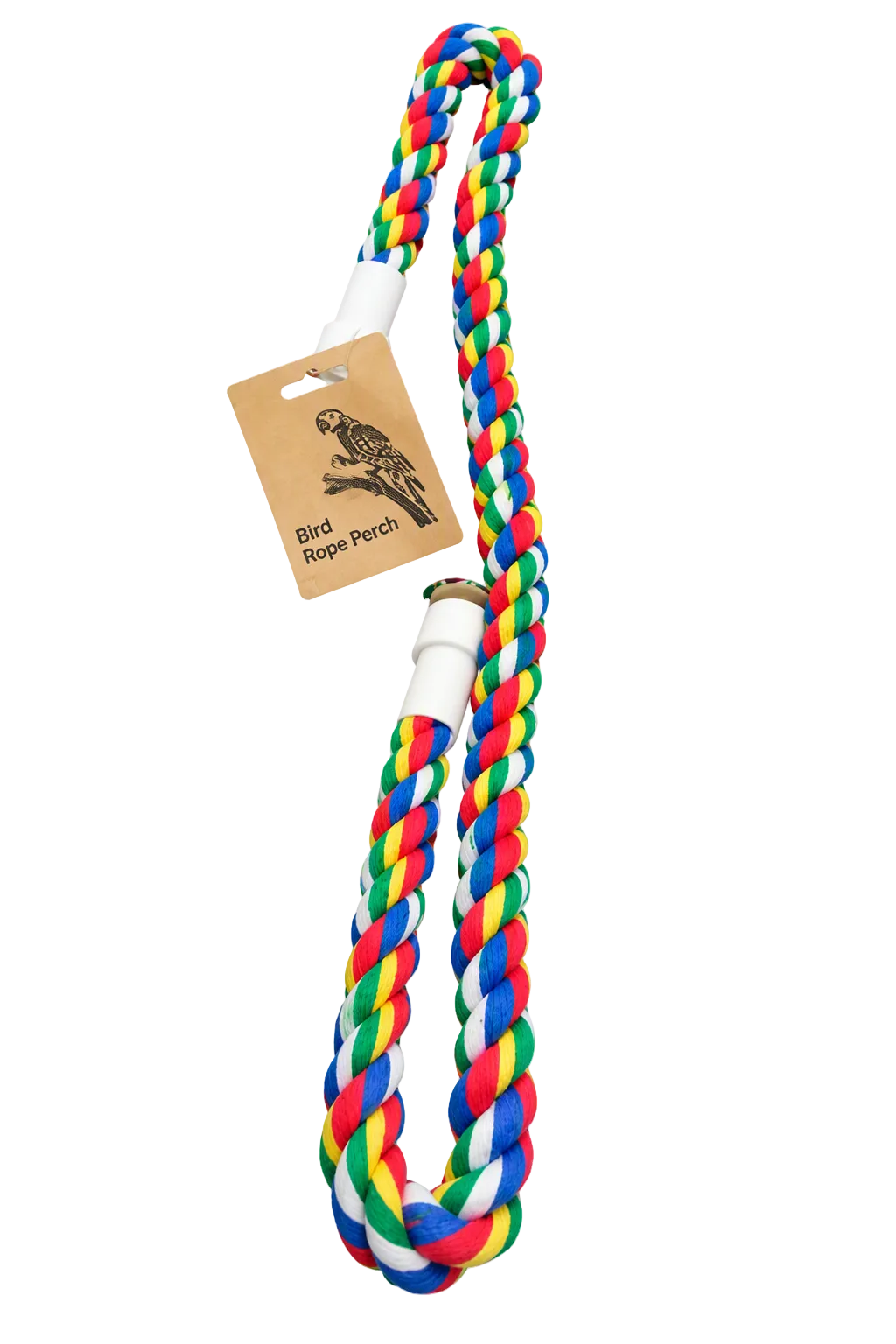 A multicolor braided rope pet toy with white plastic connectors and a hanging paper tag that reads 'Bird Rope Parachute' with a parrot illustration, shown on a plain white background.