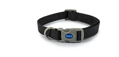 A black nylon pet collar with a silver metal buckle and a blue Vivarid logo, shown on a white background with the Vivarid brand logo in the top left and feature icons in the bottom right.