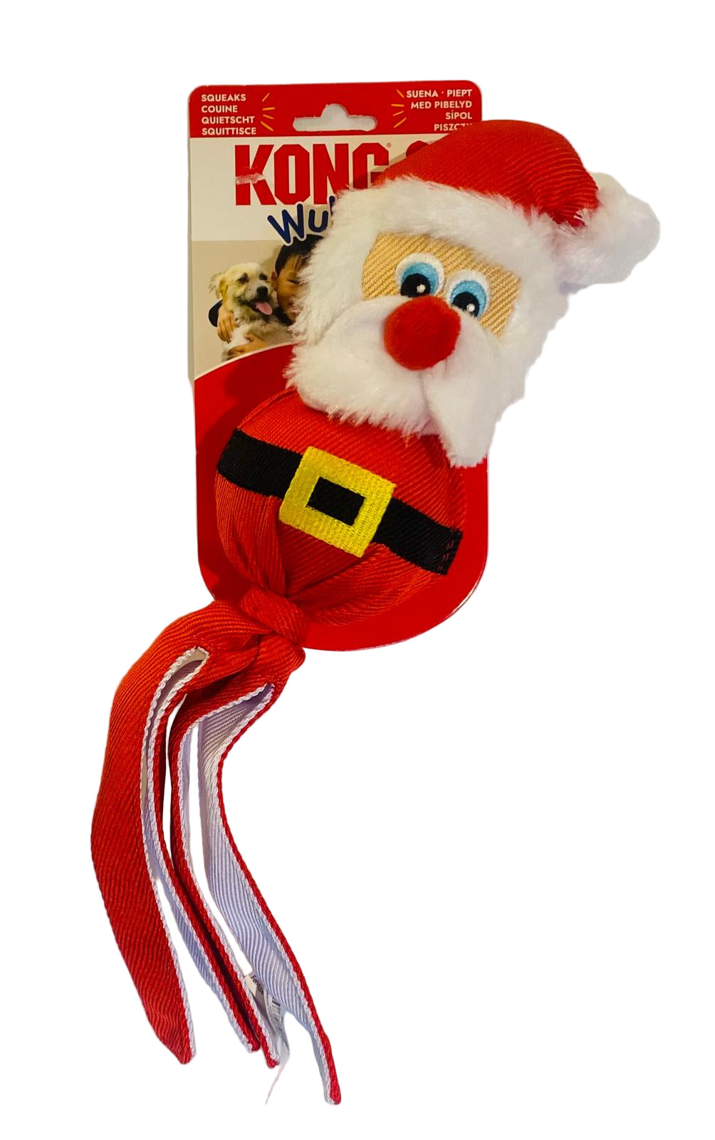 Kong Santa Claus dog toy with packaging on a white background