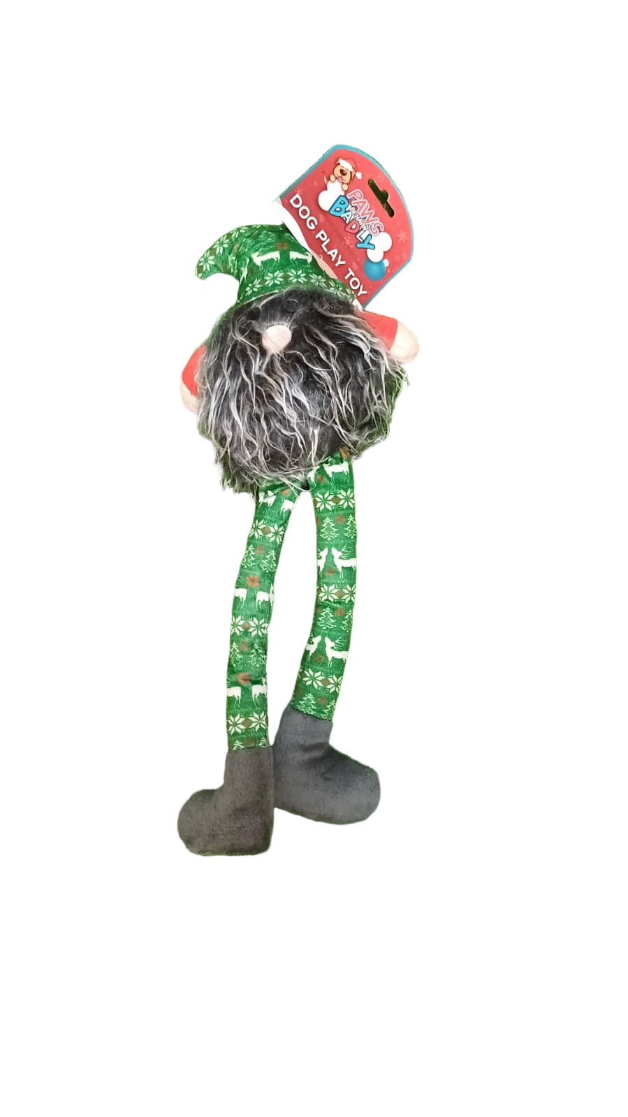 Elf-shaped dog toy with a tag on a grass background