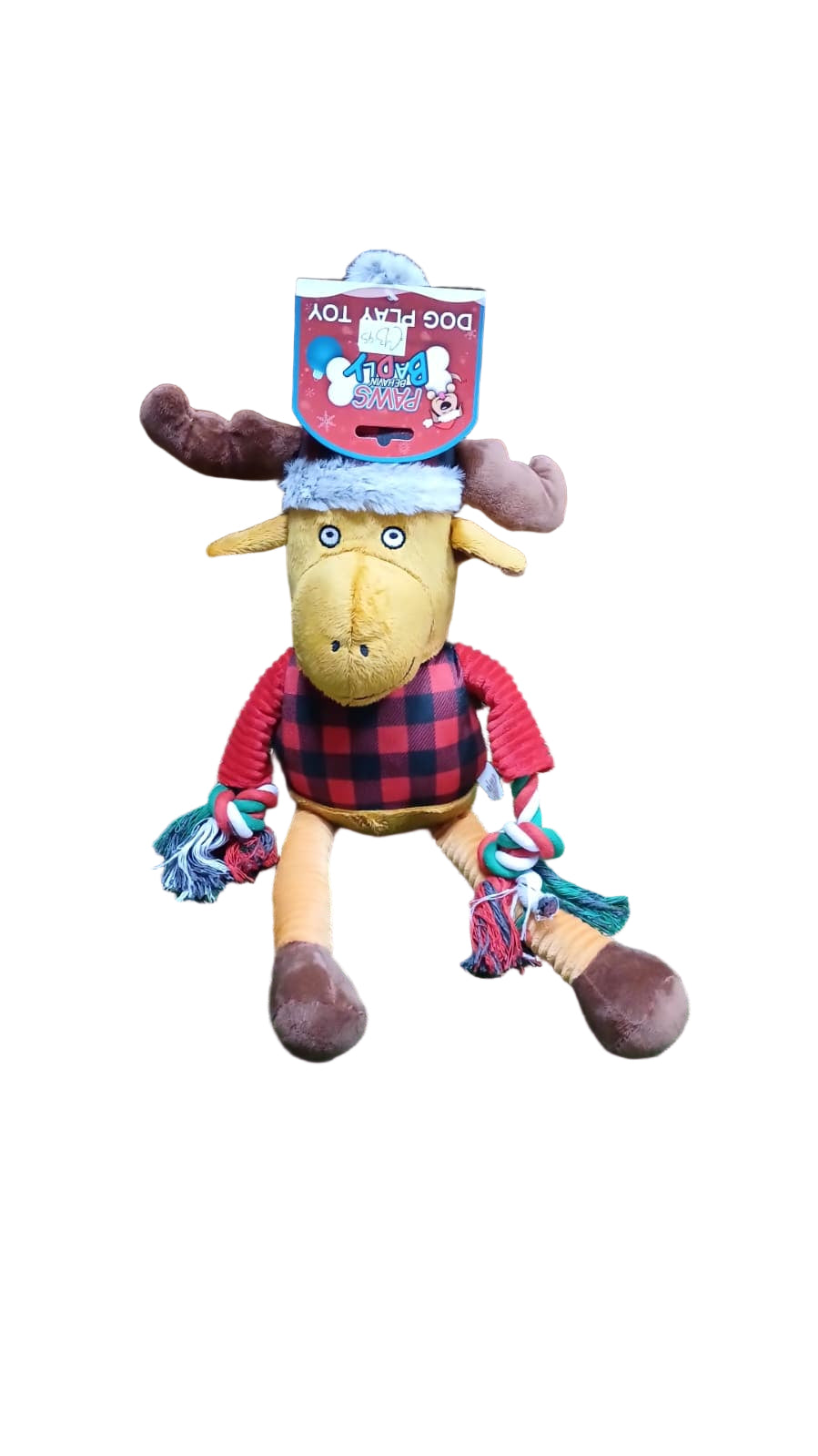 Plush moose toy with a red plaid shirt and green grass background
