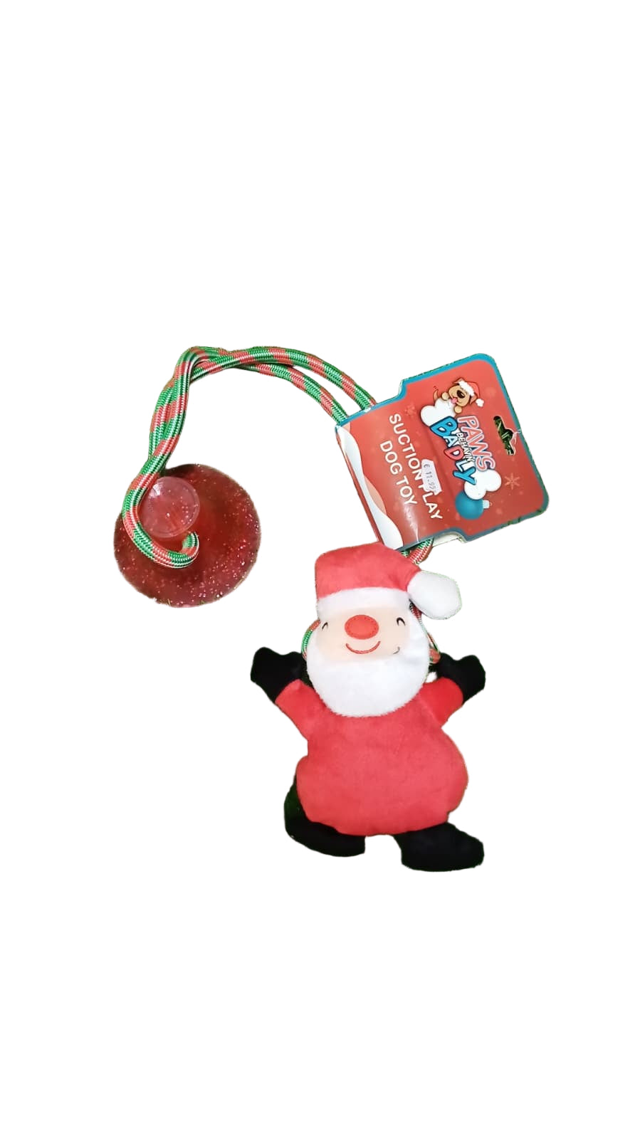 Plush Santa Claus keychain with a tag on a green grass background