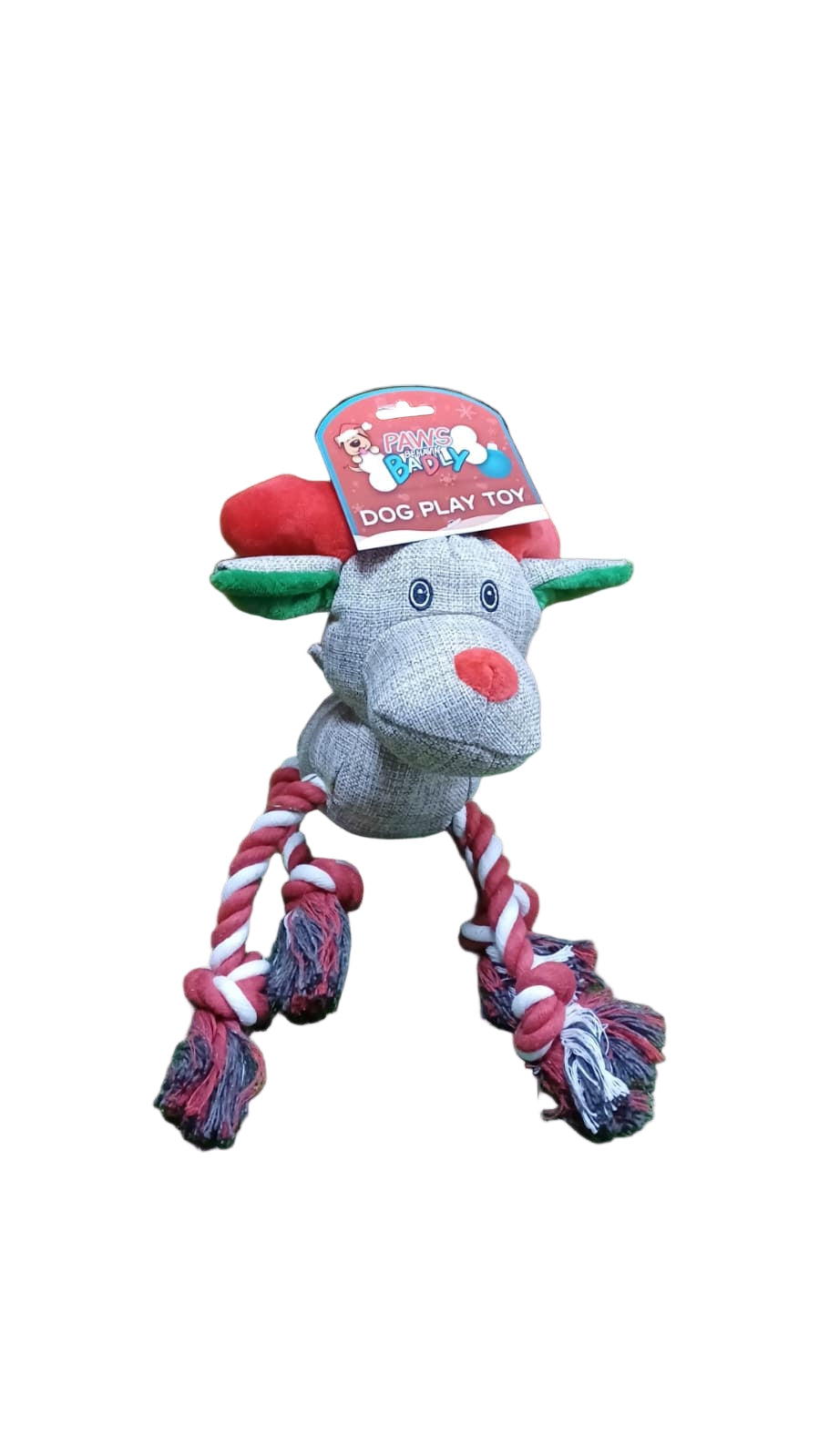 Dog play toy with a plush horse and rope design on a white background