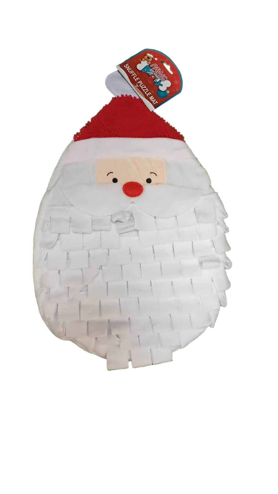 White pinata shaped like a face with a red hat on a green surface