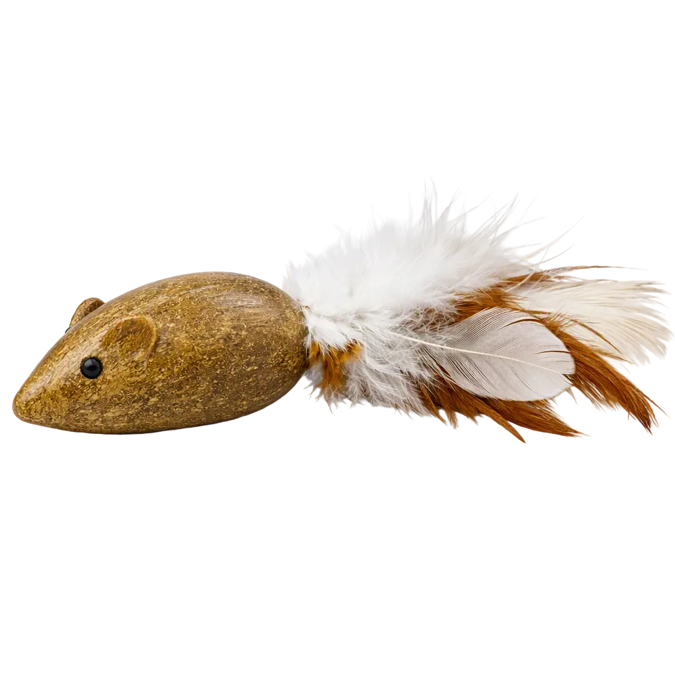 A toy mouse lure made from a textured brown stone or wood-like material, with white and brown feathers attached behind it, shown on a plain white background. Small text in the top right reads 'Made with AI'.