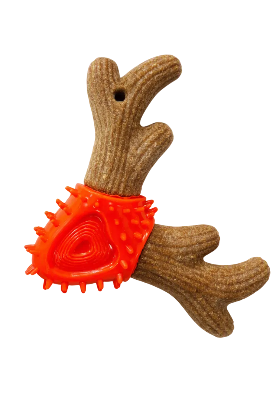 A brown antler-shaped dog chew toy with a bright orange textured silicone bump on the side,