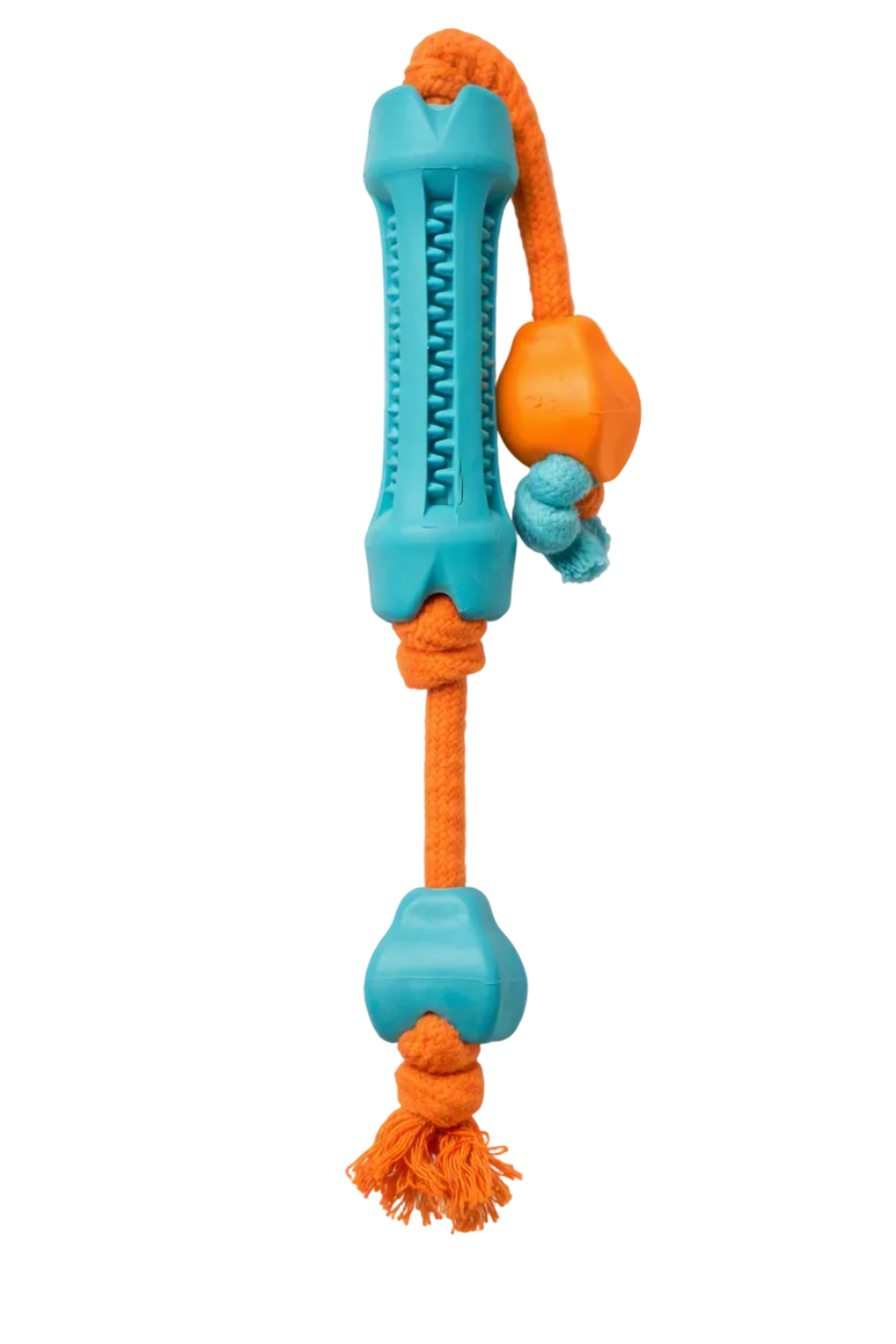A dog chew toy with a turquoise plastic central section, orange rope cords, and orange and turquoise bead accents, shown on a light gray background with small 'Made with AI' text in the top right.