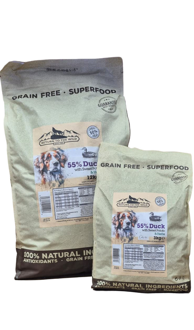 Two bags of grain-free duck dog food on a wooden surface.