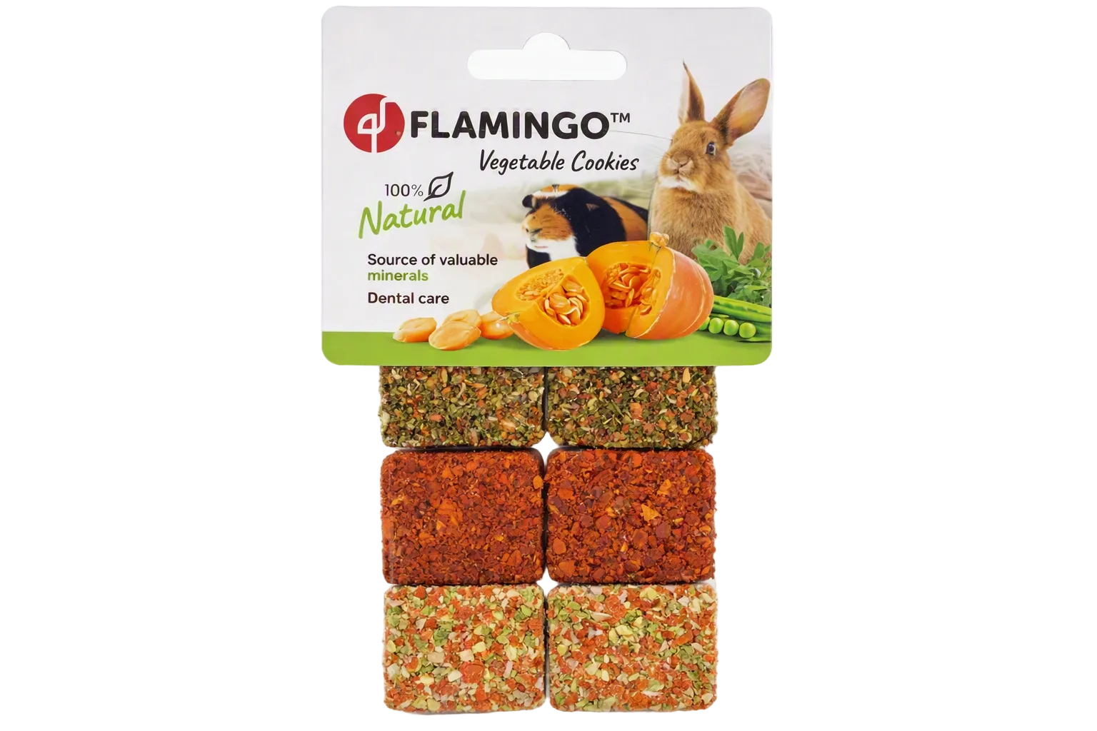 Flamingo brand Vegetable Cookies dental care treats for small animals, shown in a clear blister pack with a printed header card featuring a rabbit and guinea pig, on a white background.