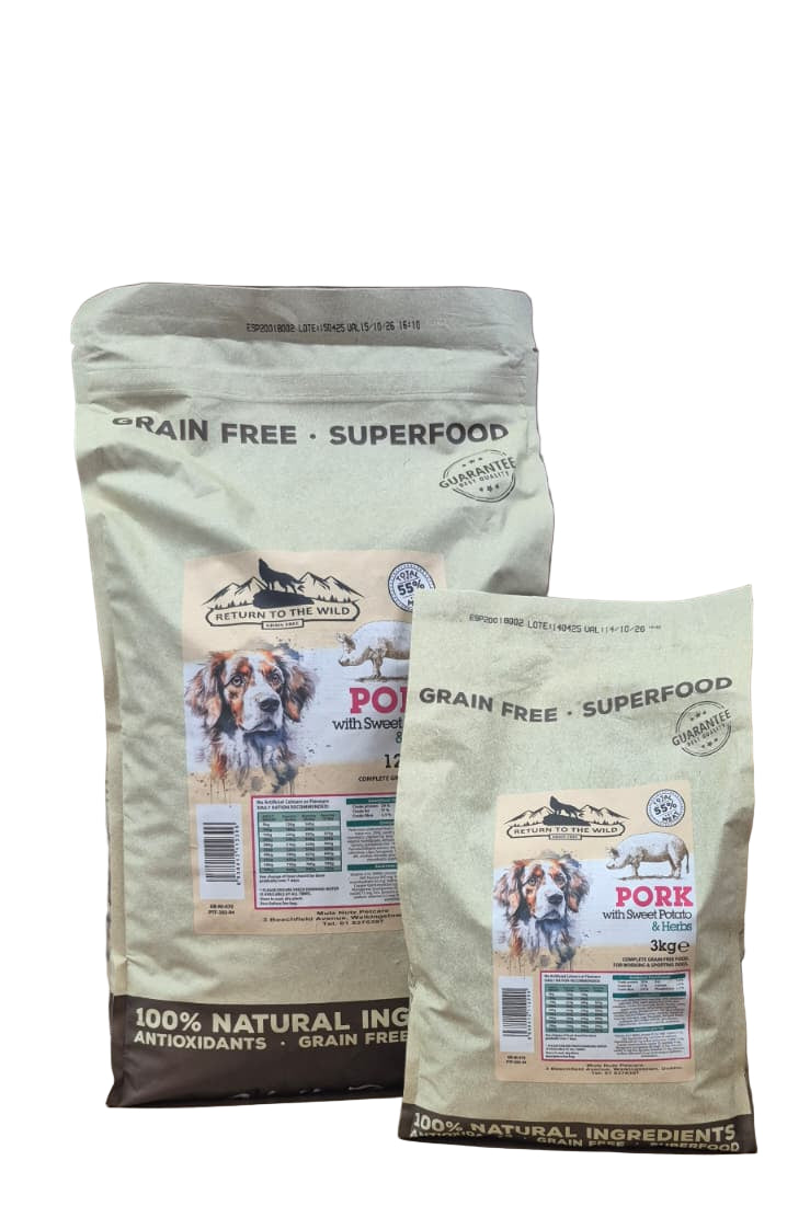 Two bags of dog food with labels on a wooden surface