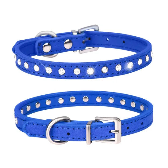 Blue Diamond Studded Leather Dog Collar