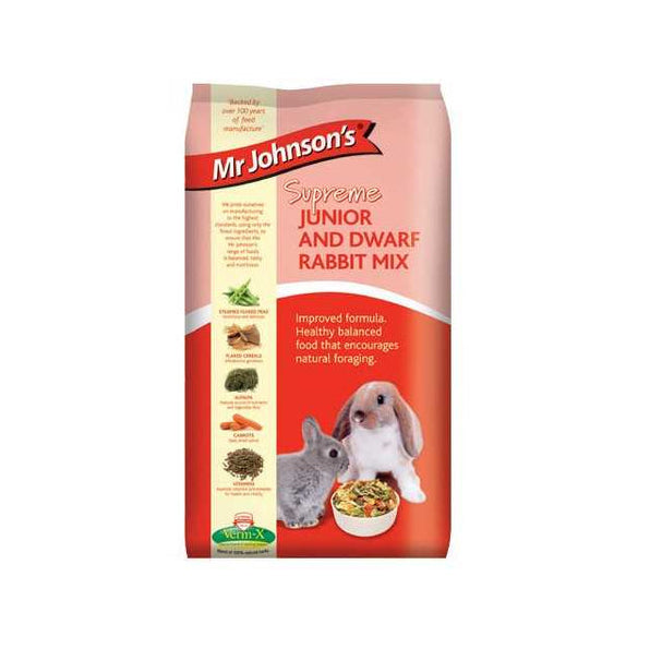 Bag of Mr Johnson's Supreme Junior and Dwarf Rabbit Mix on a white background