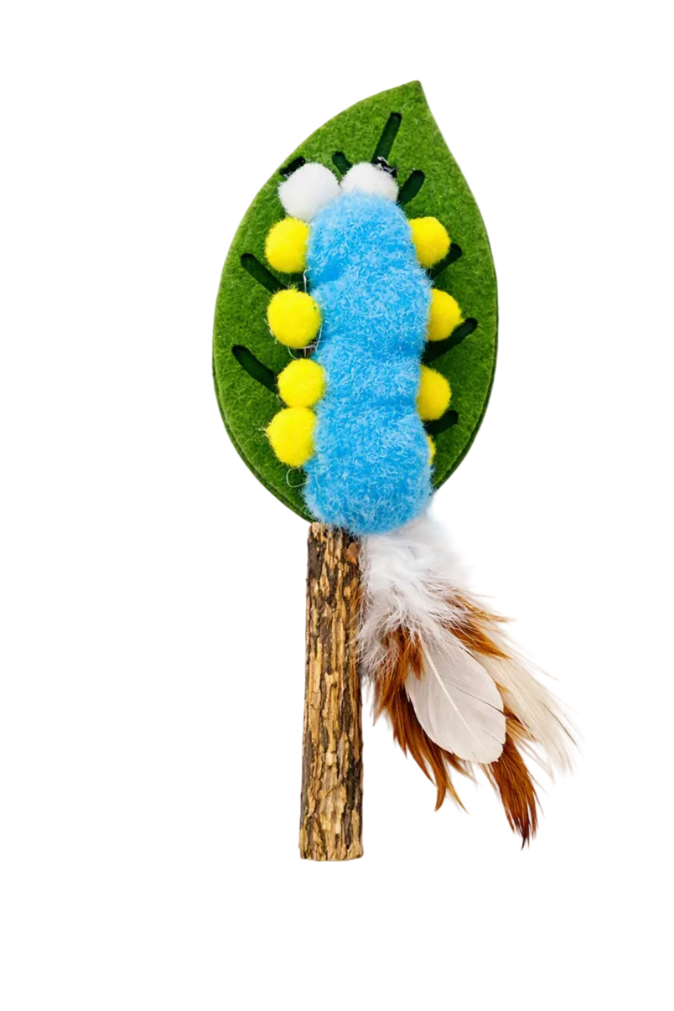 A handmade felt caterpillar craft on a leaf and twig, with a blue fuzzy body, yellow felt spikes, white pom-pom eyes, brown and white feathers, and a small 