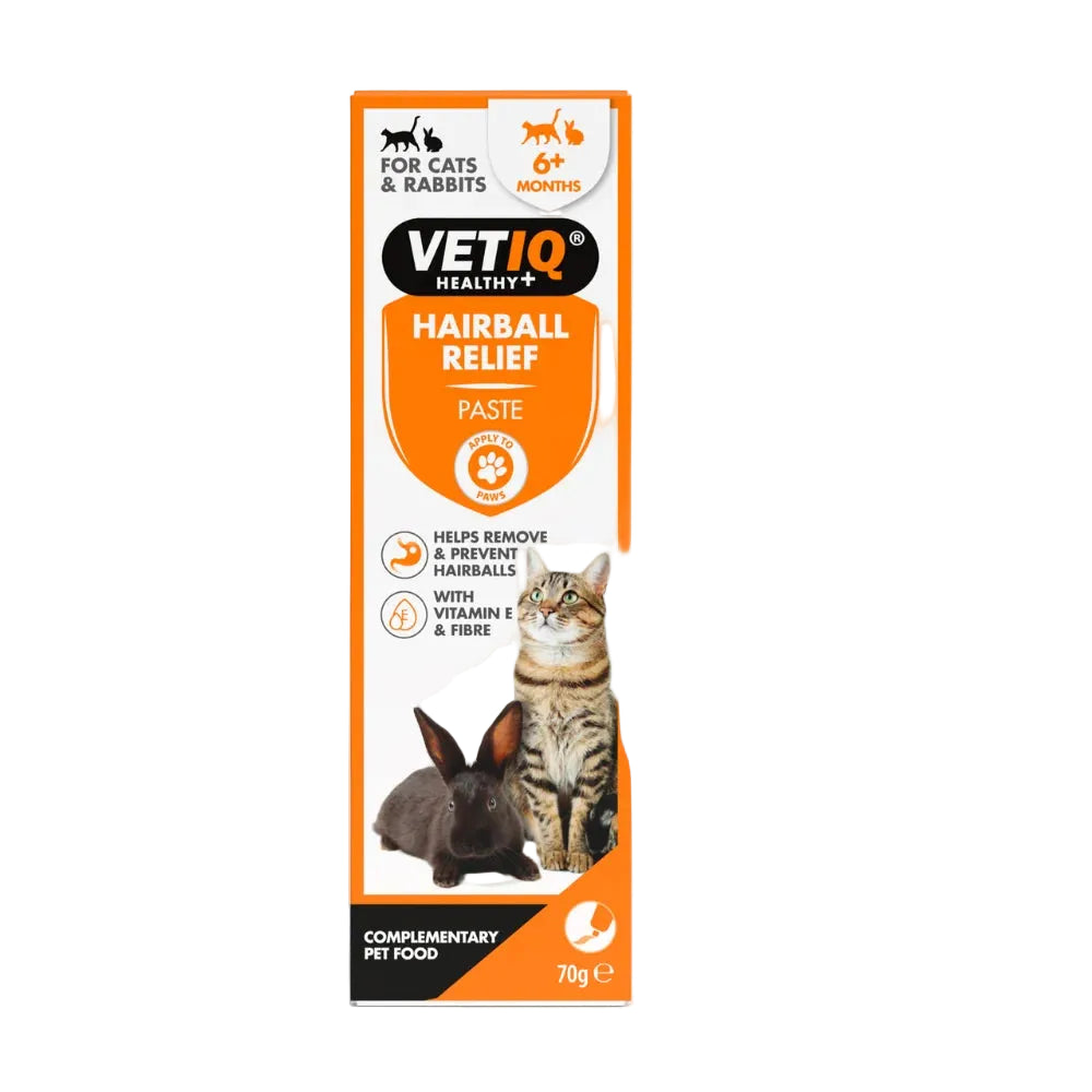 VETIQ Healthy+ Hairball Relief Paste for cats and rabbits, 70g box packaging, featuring orange and white design with photos of a cat and rabbit.